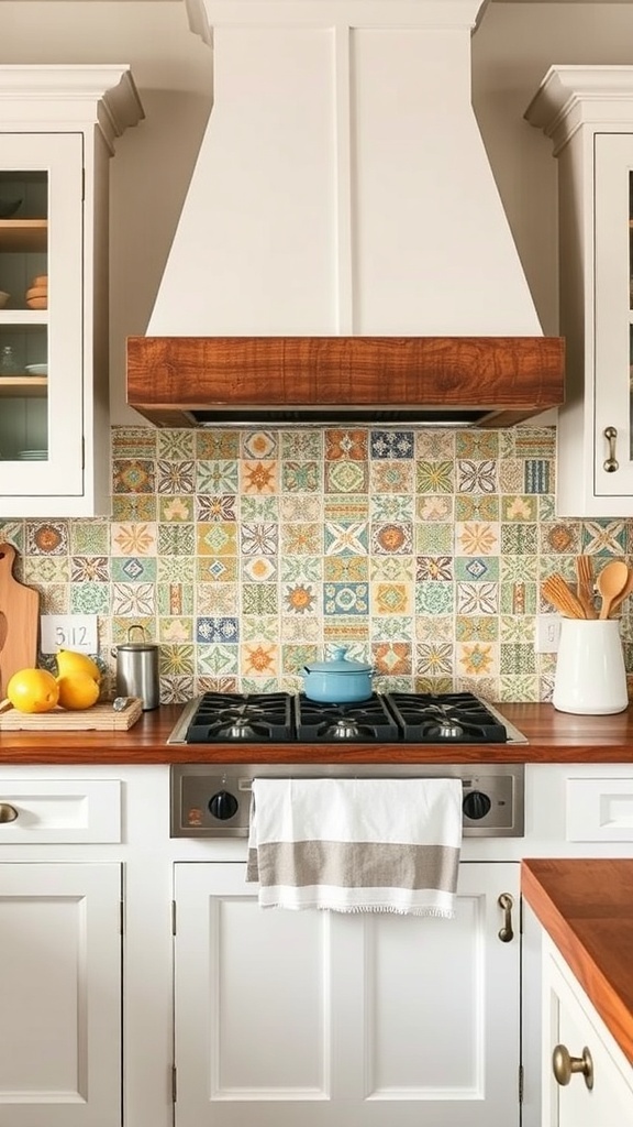 Colorful tiled backsplash in a rustic farmhouse kitchen.