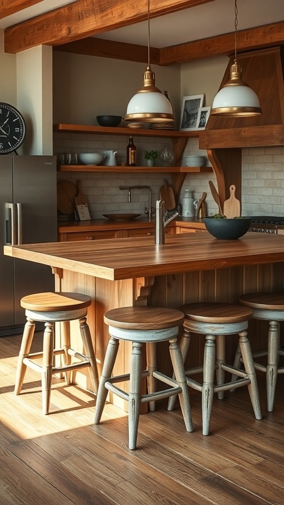 Rustic kitchen with wooden bar stools and a warm atmosphere