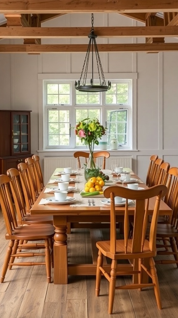 A rustic country dining table with wooden chairs, set for a meal, featuring a vase of flowers and fresh fruits.