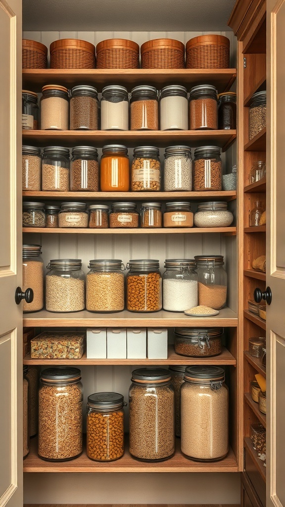 A well-organized country style pantry featuring glass jars filled with various ingredients.