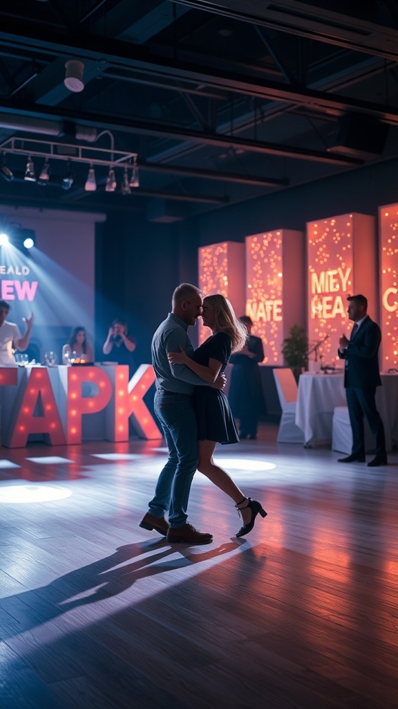 Couples dancing on a vibrant dance floor at a Valentine's party.