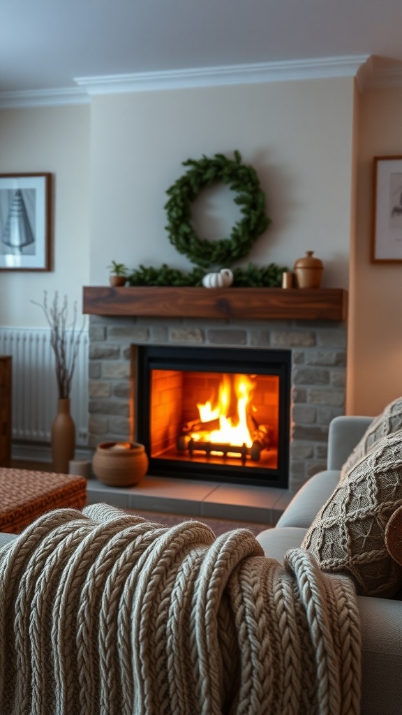 A cozy living room with a fireplace, warm flames, and a knitted blanket.