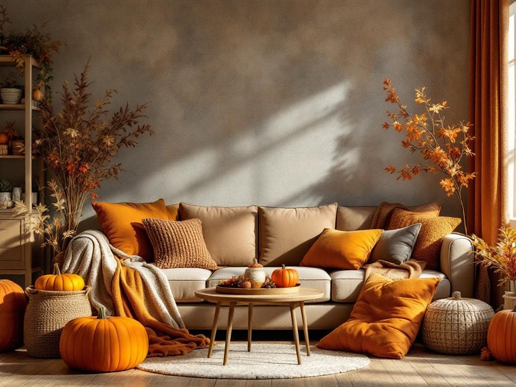 Cozy living room decorated for autumn with orange and brown tones, pumpkins, and warm textiles.