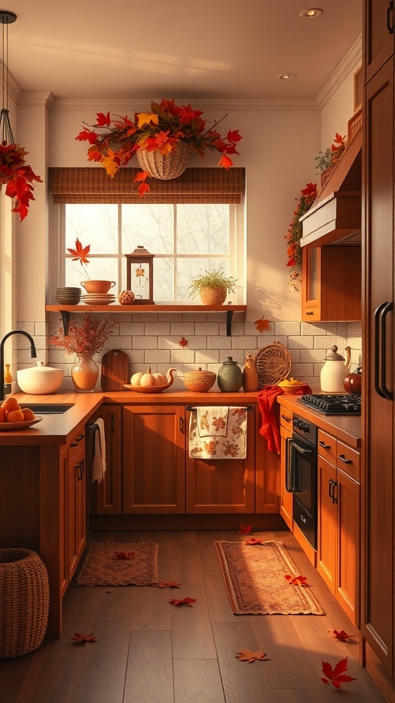 A cozy autumn-themed kitchen with wooden cabinets, fall decorations, and warm lighting.