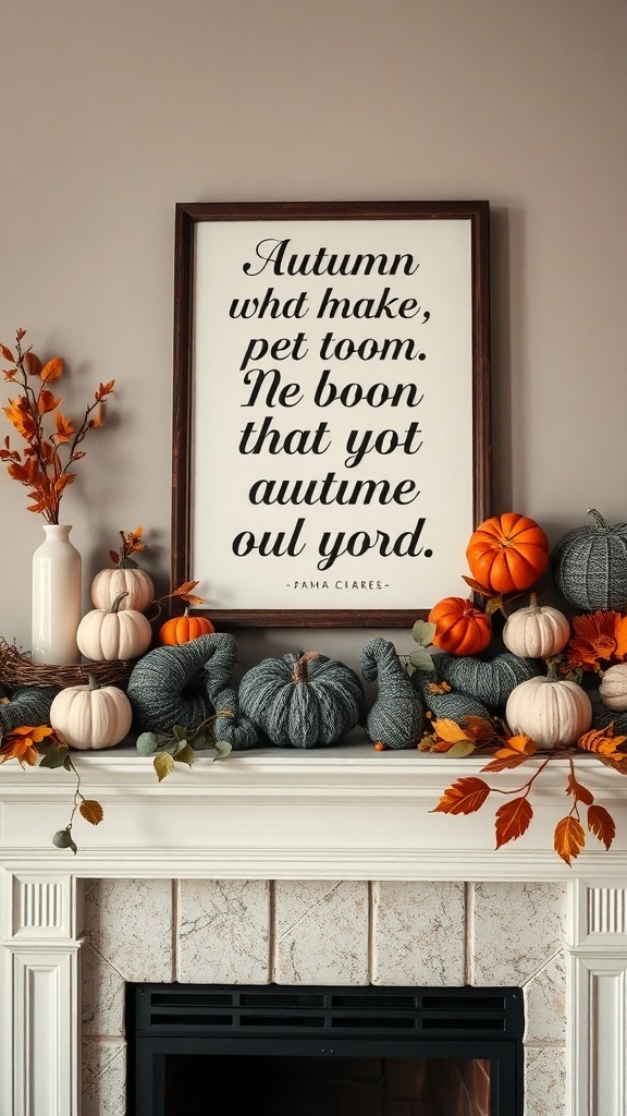 A cozy autumn mantel featuring a framed quote surrounded by pumpkins and autumn leaves.