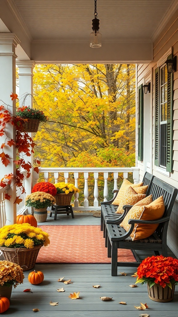 A cozy autumn porch with black benches, colorful pillows, and vibrant flowers.