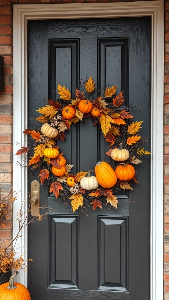 A cozy autumn wreath with pumpkins and colorful leaves on a dark door.