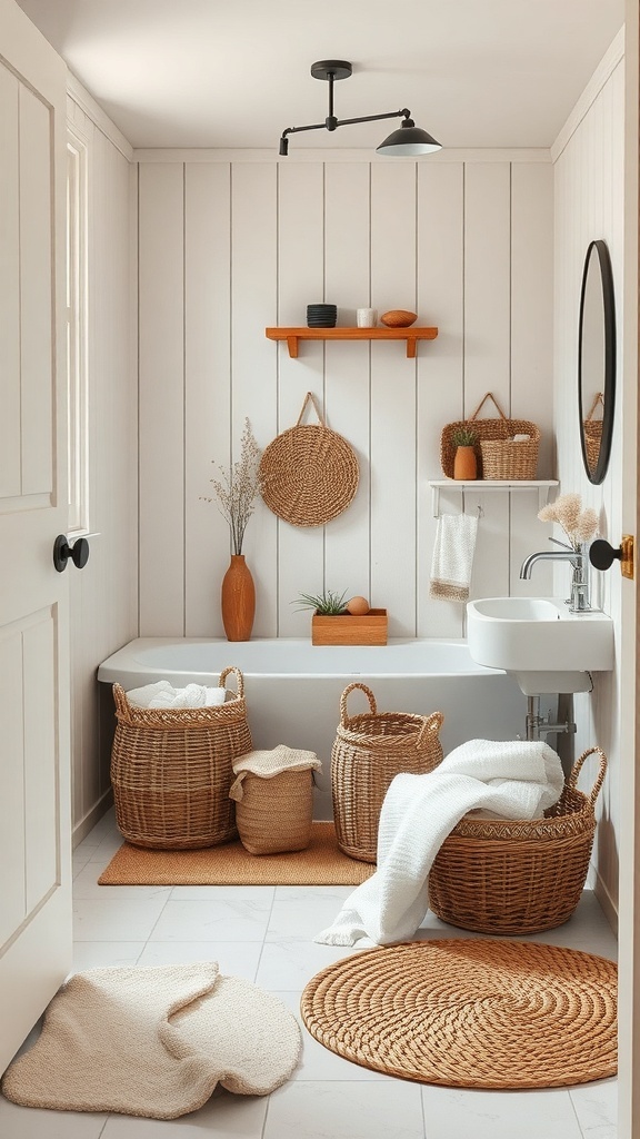 A cozy rustic farmhouse bathroom with woven baskets, soft rugs, and warm decor.