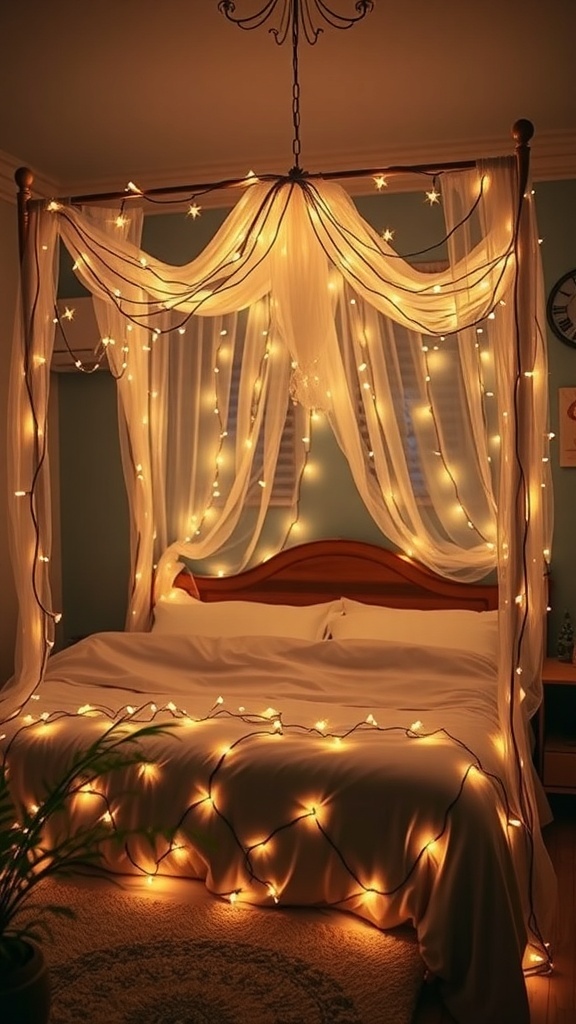 A cozy bedroom with a bed canopy decorated with twinkling lights.