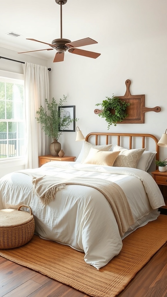 Cozy modern farmhouse bedroom with wooden accents and soft bedding.