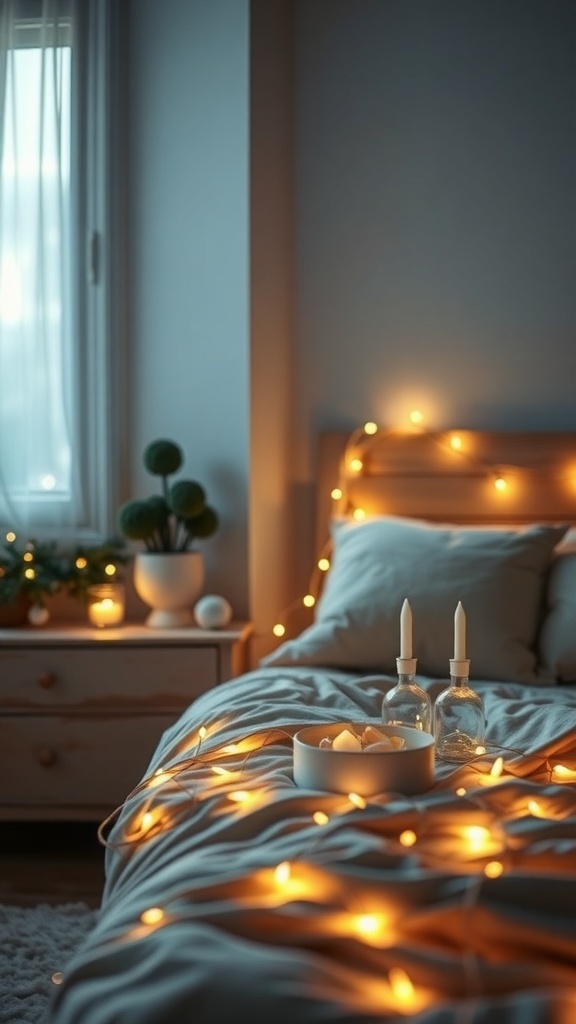 A cozy bedroom decorated with warm string lights, a neatly made bed, and candles on the bedside table.