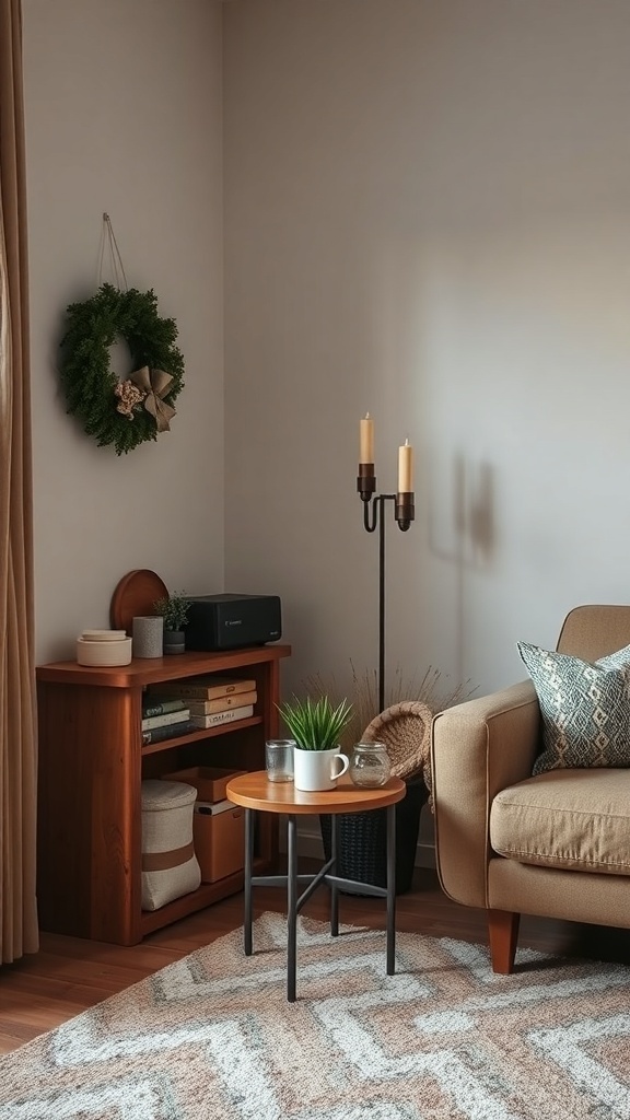 A cozy beverage station setup in a living room featuring a small table with a mug, snacks, and a plant, complemented by warm furniture and candles.
