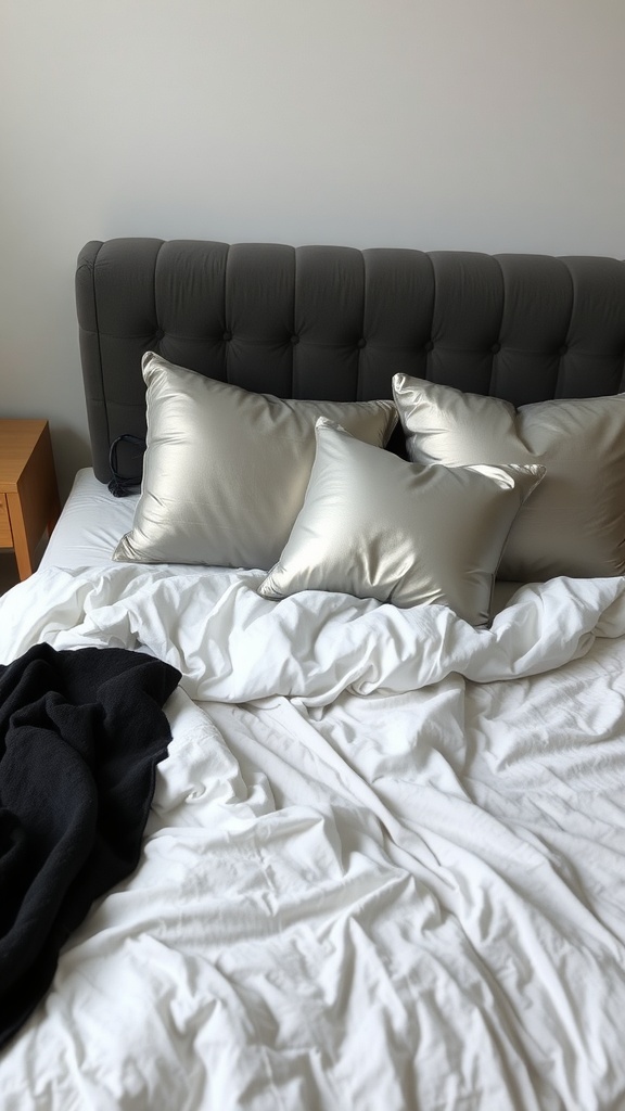 Cozy black throw blanket draped over a bed with silver pillows.