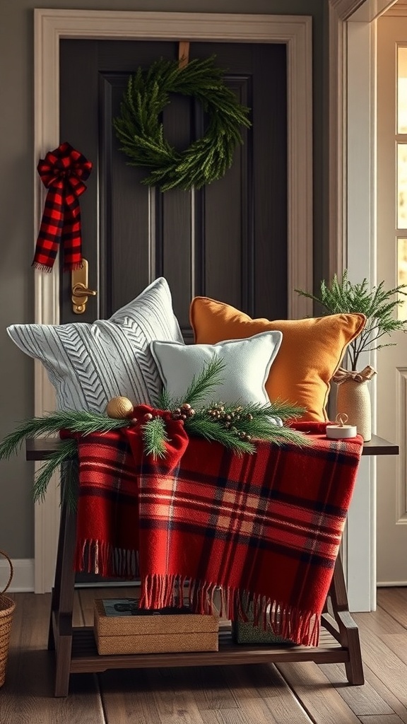 A cozy entryway table decorated with a festive blanket and pillows.