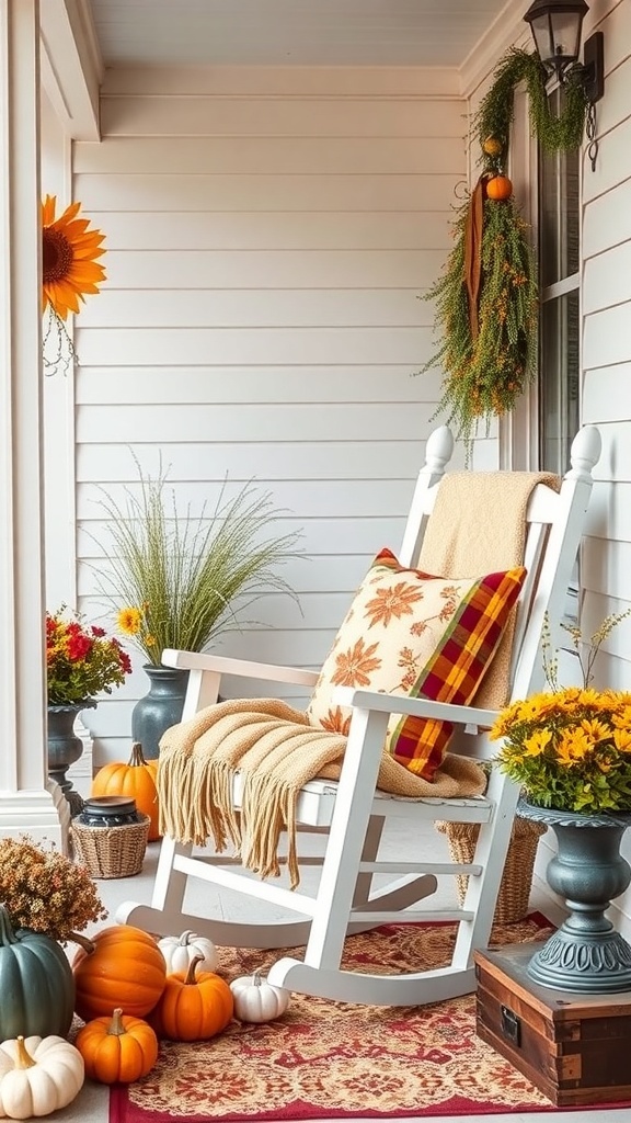 A cozy front porch decorated for fall with a rocking chair, blanket, pillows, pumpkins, and flowers.