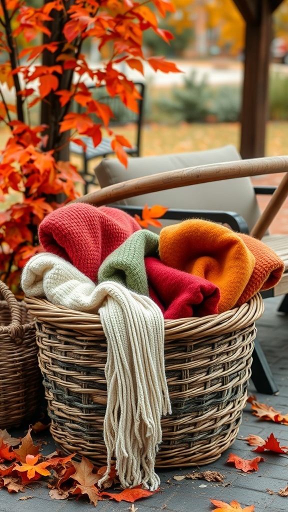 A wicker basket filled with colorful blankets surrounded by fall leaves.