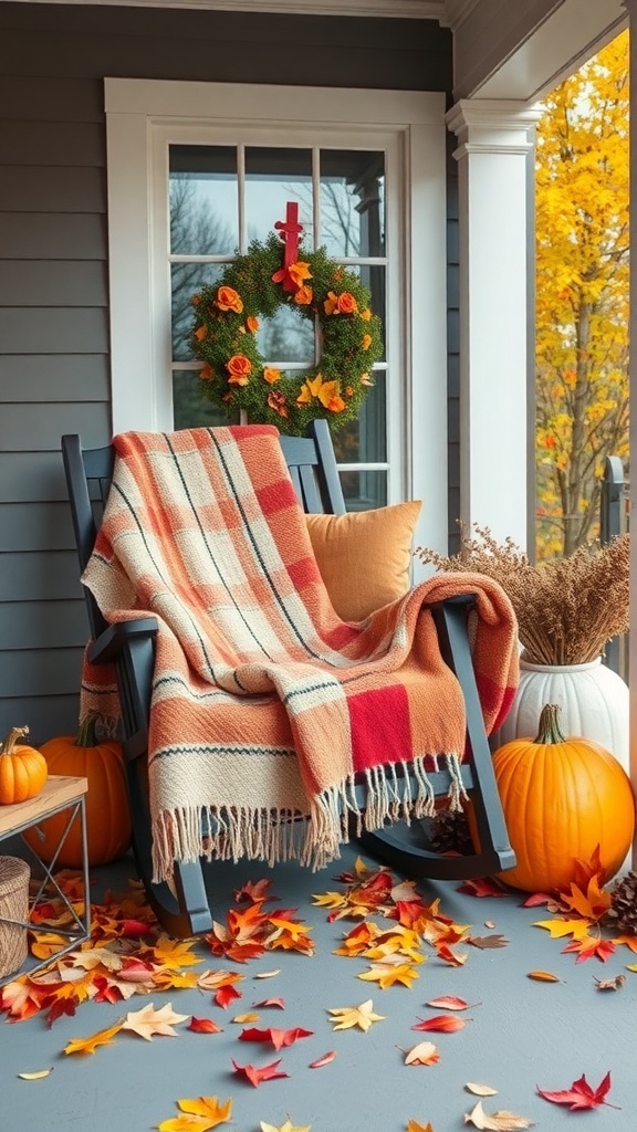 A cozy porch with a rocking chair, a colorful blanket, pumpkins, and autumn leaves.