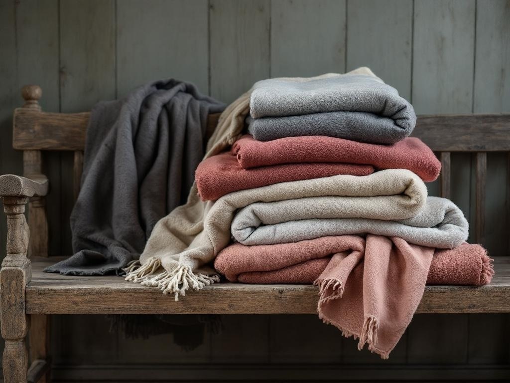 A cozy display of stacked blankets in soft colors on a rustic wooden bench.