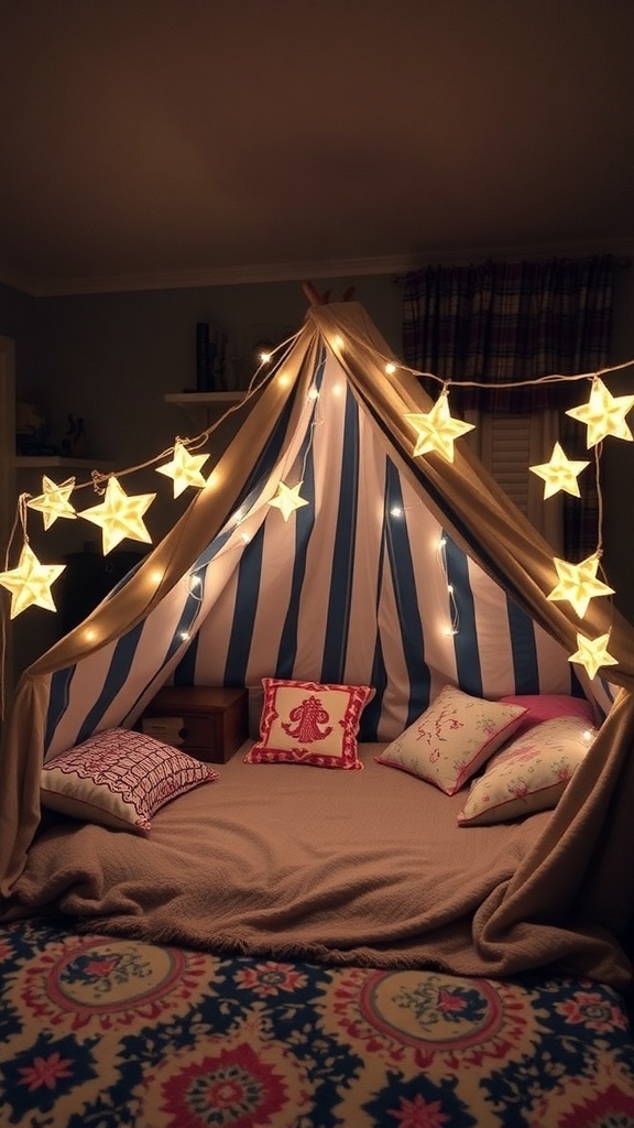 A cozy blanket fort made with striped fabric and decorated with star-shaped lights, featuring soft pillows inside.