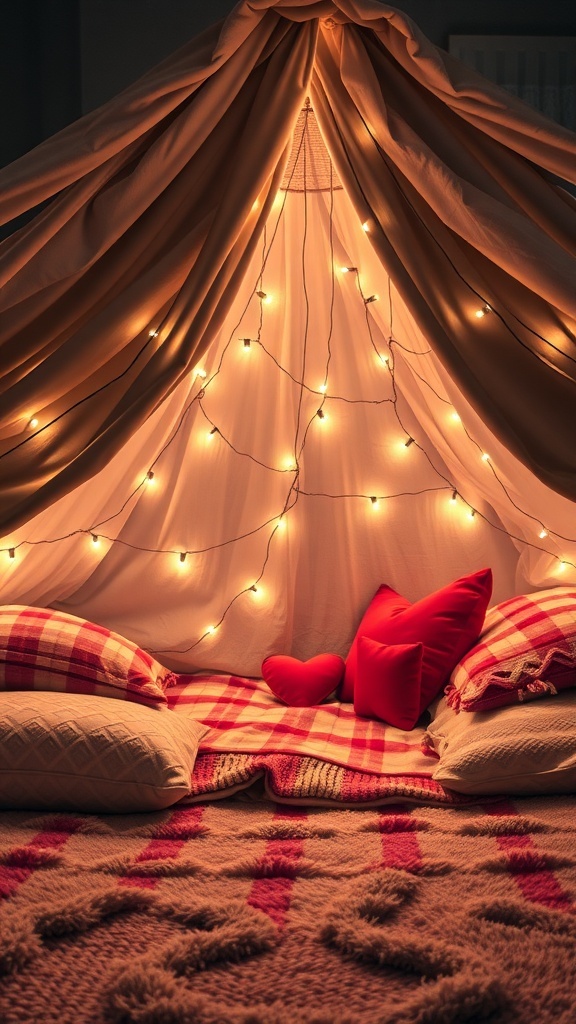 A cozy blanket fort with pillows and fairy lights, perfect for a romantic evening.