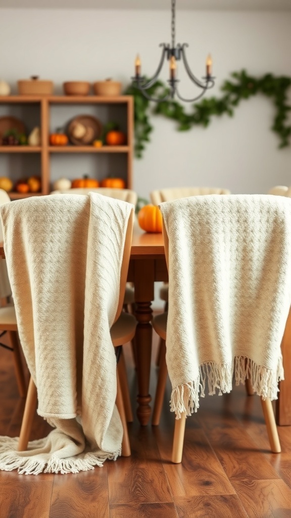 Cozy blanket throws draped over wooden chairs at a Thanksgiving table setting