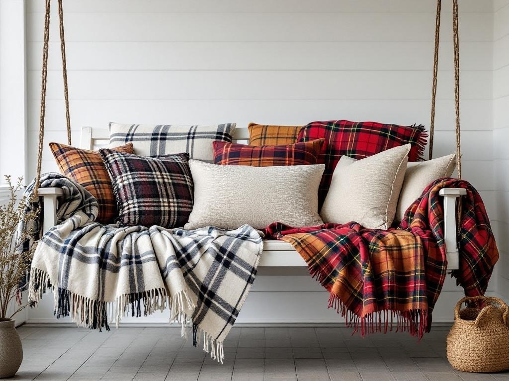 A porch swing decorated with cozy blankets and pillows in plaid and solid colors, creating a warm and inviting atmosphere.