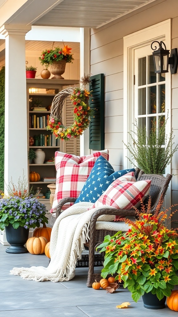 A cozy front porch with pillows and blankets in planters, decorated for fall.