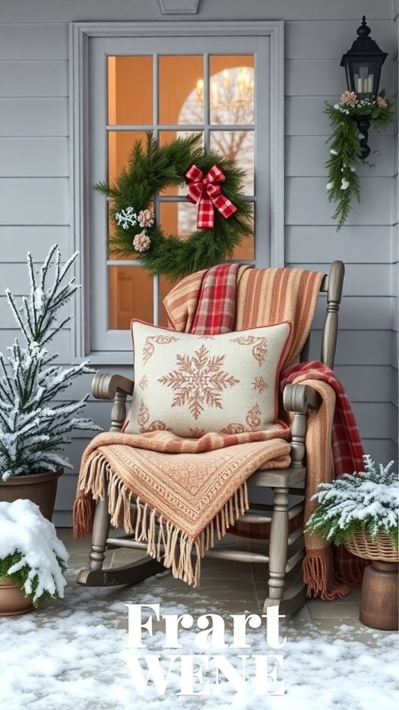 A cozy winter front porch with a rocking chair, warm blankets, and decorative pillows.