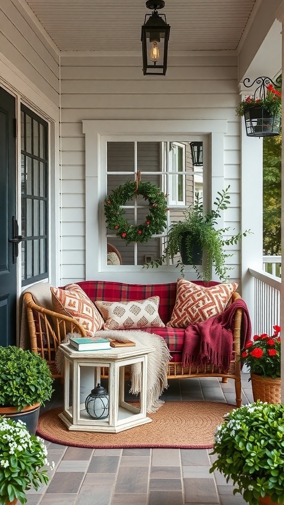 A cozy front porch with a plaid blanket, decorative pillows, and a small table.