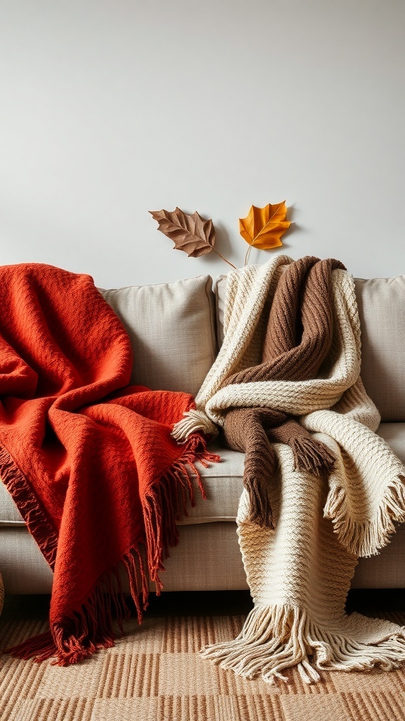 Cozy blankets in autumn colors draped on a couch with decorative leaves