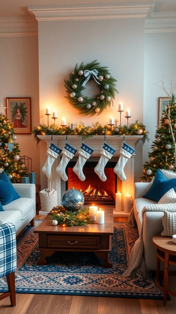 Cozy blue and white living room with a fireplace, decorated for Christmas.