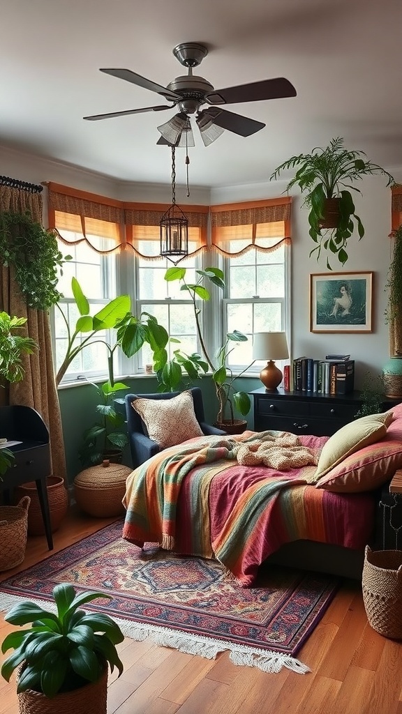 A cozy bedroom featuring black furniture, colorful textiles, and lush plants.
