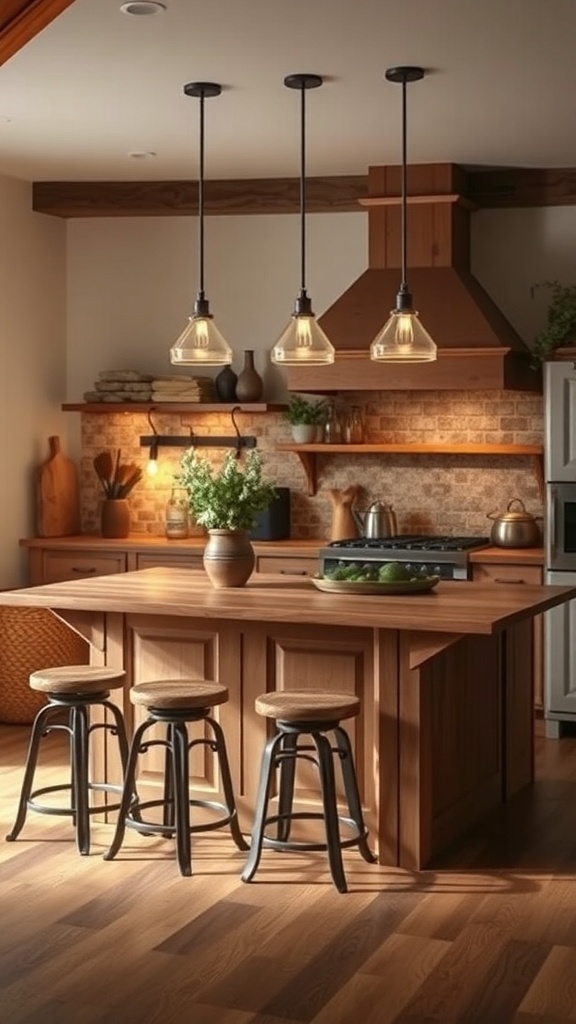 Rustic kitchen island with breakfast bar setup and warm lighting.