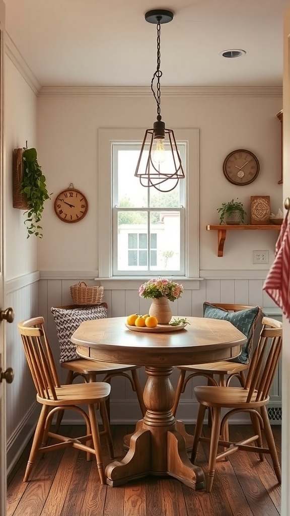 A cozy breakfast nook with a wooden table and chairs, brightened by natural light.