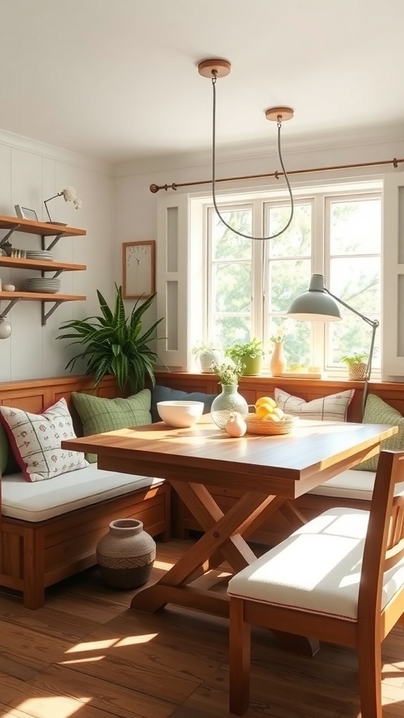 A cozy breakfast nook with a wooden table, comfortable seating, and natural light.