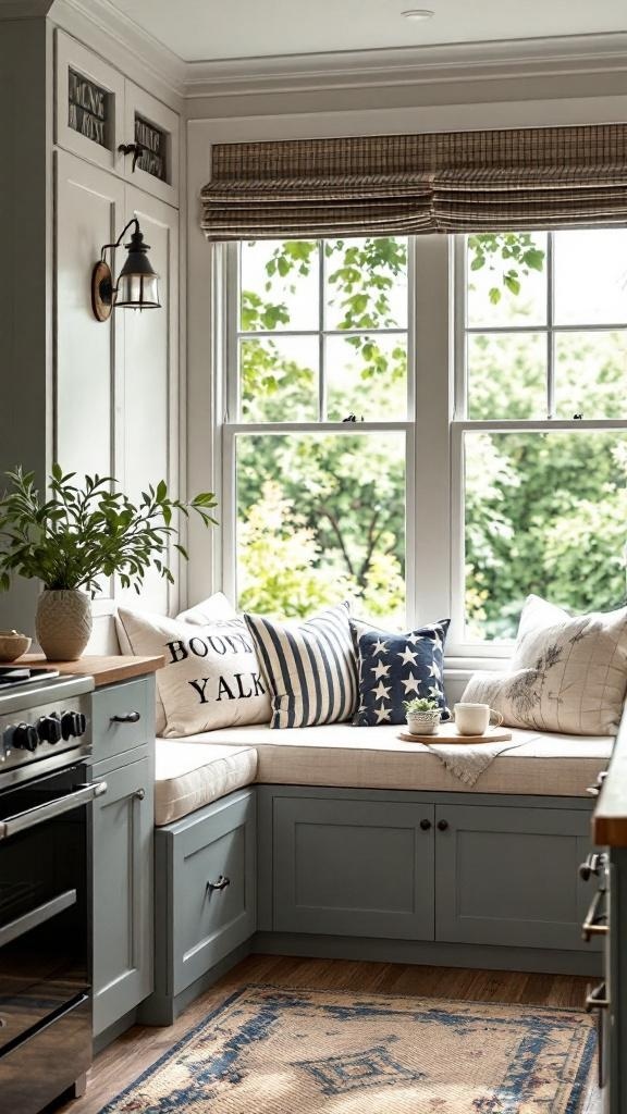 Cozy breakfast nook with cushions, pillows, and a view of greenery outside