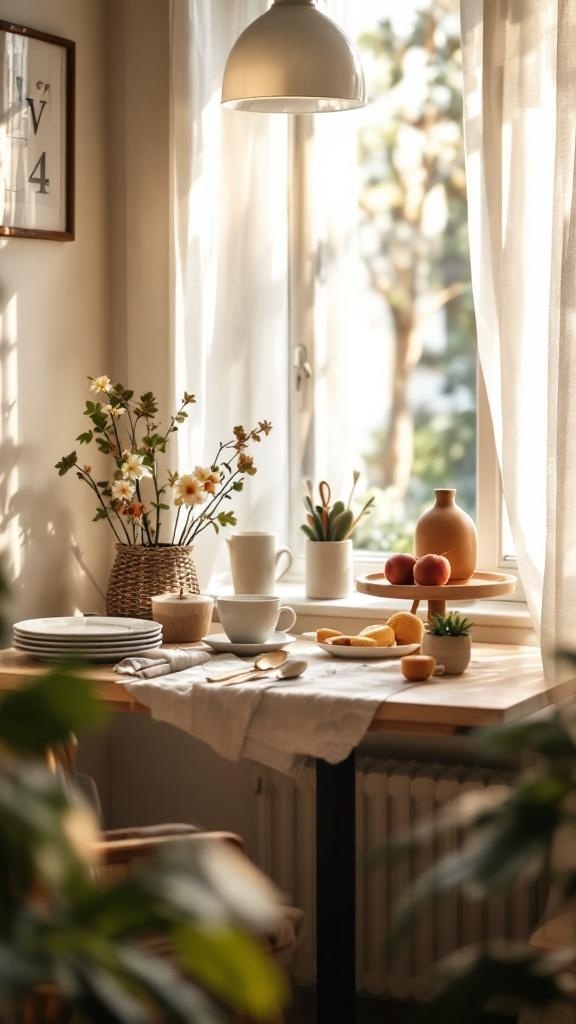 A cozy breakfast nook with a small table set for a meal, featuring plates, fruits, and a warm atmosphere.