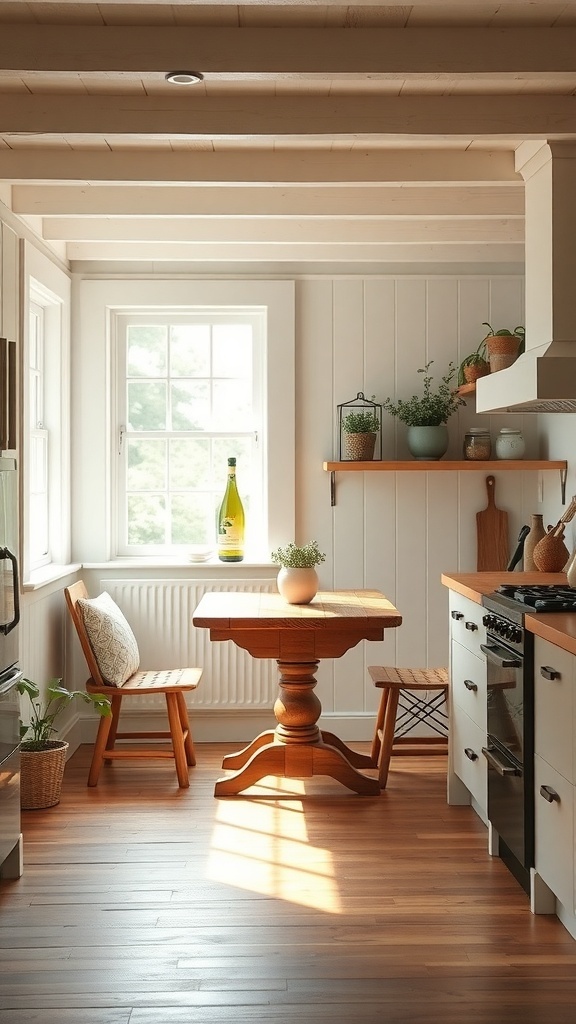 A cozy breakfast nook with a wooden table, two chairs, and plants in a farmhouse kitchen.