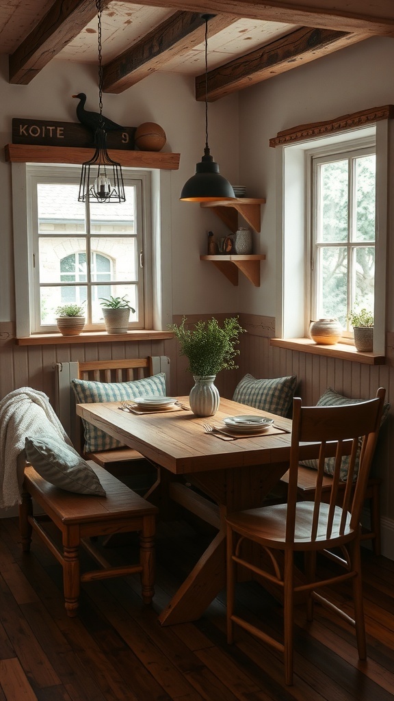 A rustic breakfast nook with wooden furniture, soft cushions, and sunlight streaming through the windows.
