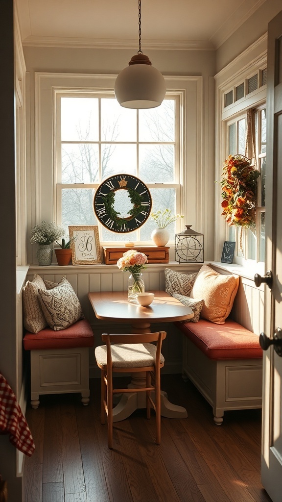 Cozy breakfast nook with cushions and a view