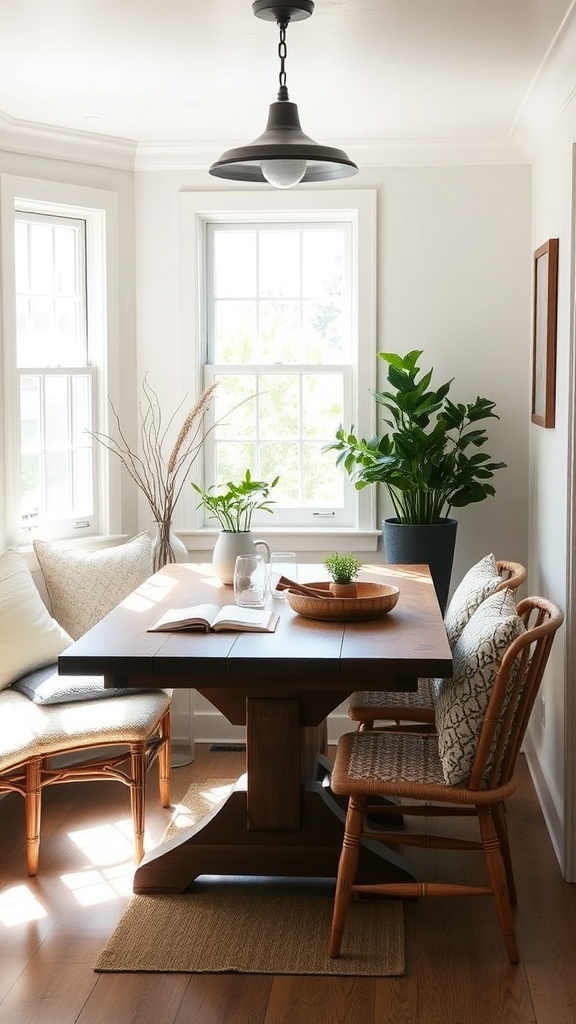 Cozy breakfast nook with a wooden table, comfortable seating, and plants.