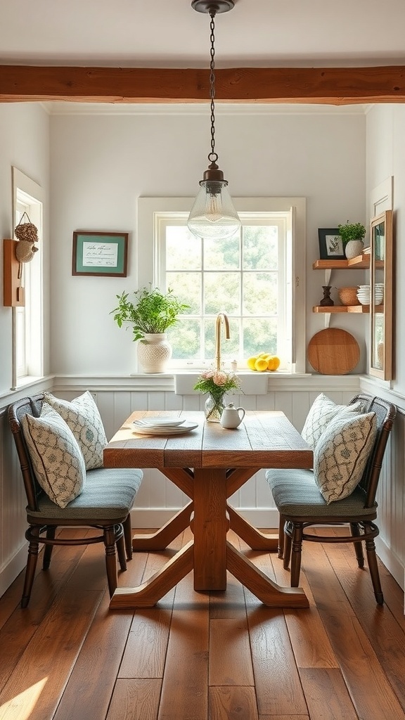 A cozy breakfast nook featuring a wooden farmhouse table and comfortable chairs, illuminated by natural light.