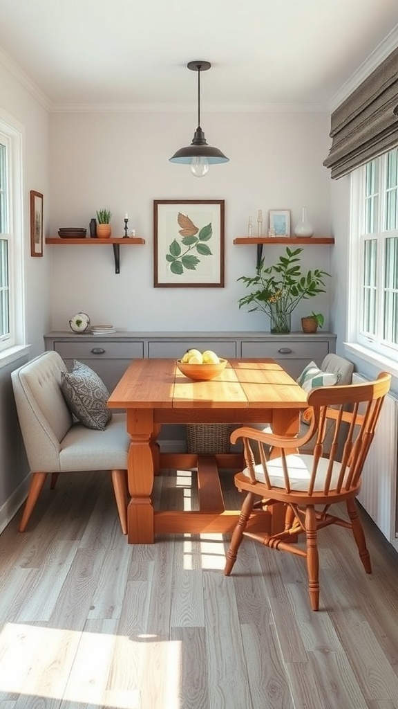 Cozy breakfast nook featuring a wooden farmhouse table and comfortable seating.