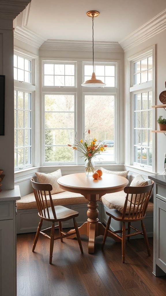 Cozy breakfast nook with a round table, two wooden chairs, and large windows.