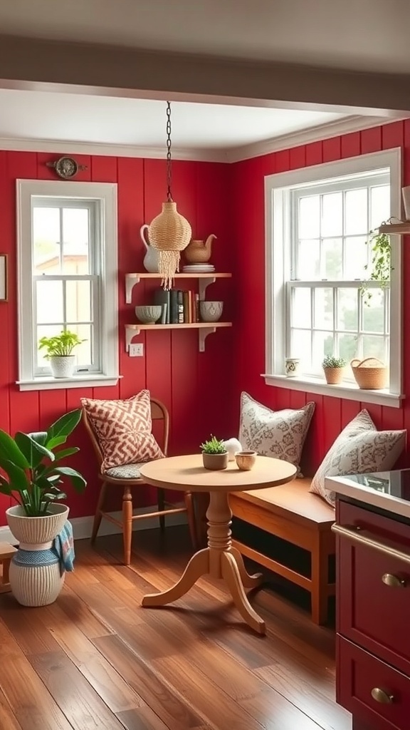 Cozy breakfast nook with red walls, wooden table, and comfortable seating.