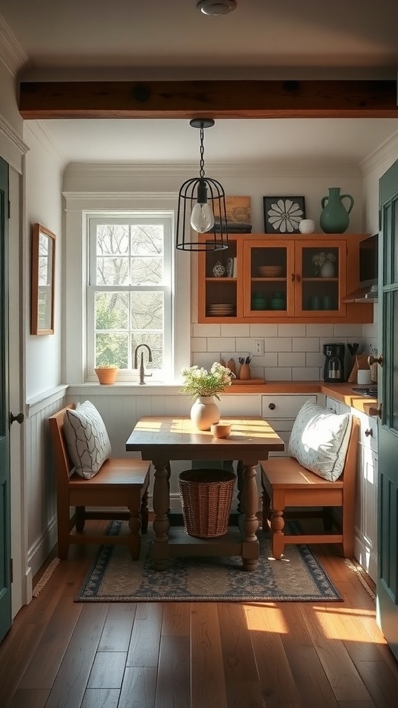 Cozy breakfast nook in a modern farmhouse kitchen with wooden table, chairs, and natural light.