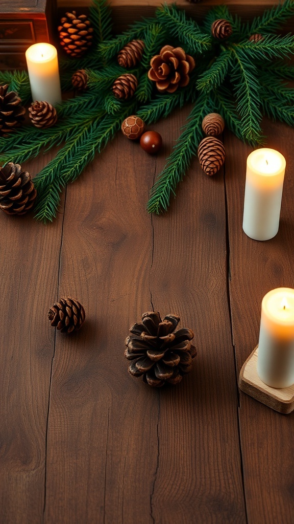 A winter tablescape featuring pinecones, evergreen branches, and candles on a wooden surface.