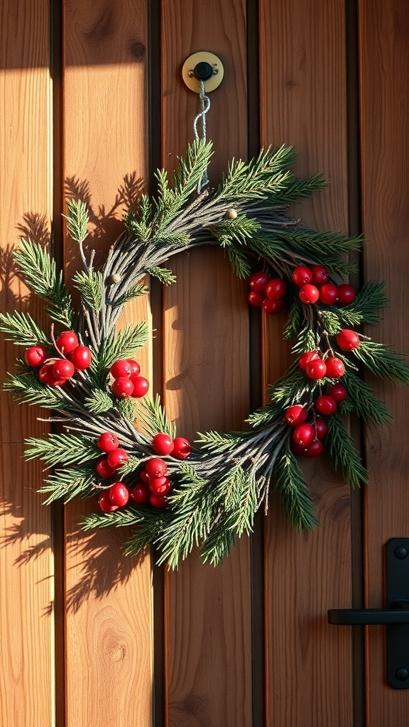 A cozy cabin-inspired wreath with red berries and greenery on a wooden door.
