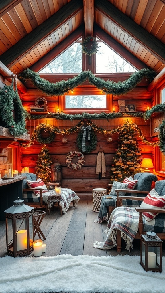 Cozy cabin interior decorated for winter with warm lighting and festive touches.