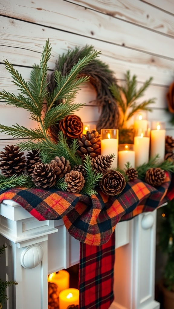 A cozy winter mantel decorated with pinecones, greenery, and candles.